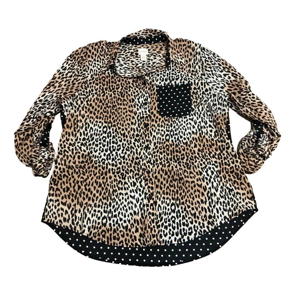 Chico's Animal Cheetah Polka Dot Button-Up Shirt Blouse Chico's Size 2 Large